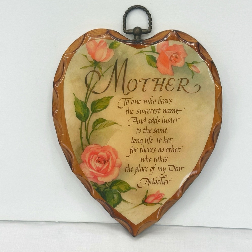 Vintage Wooden Mother Poem Heart Shape Pink Roses‎ Glossy Wall Hanging Plaque 9"